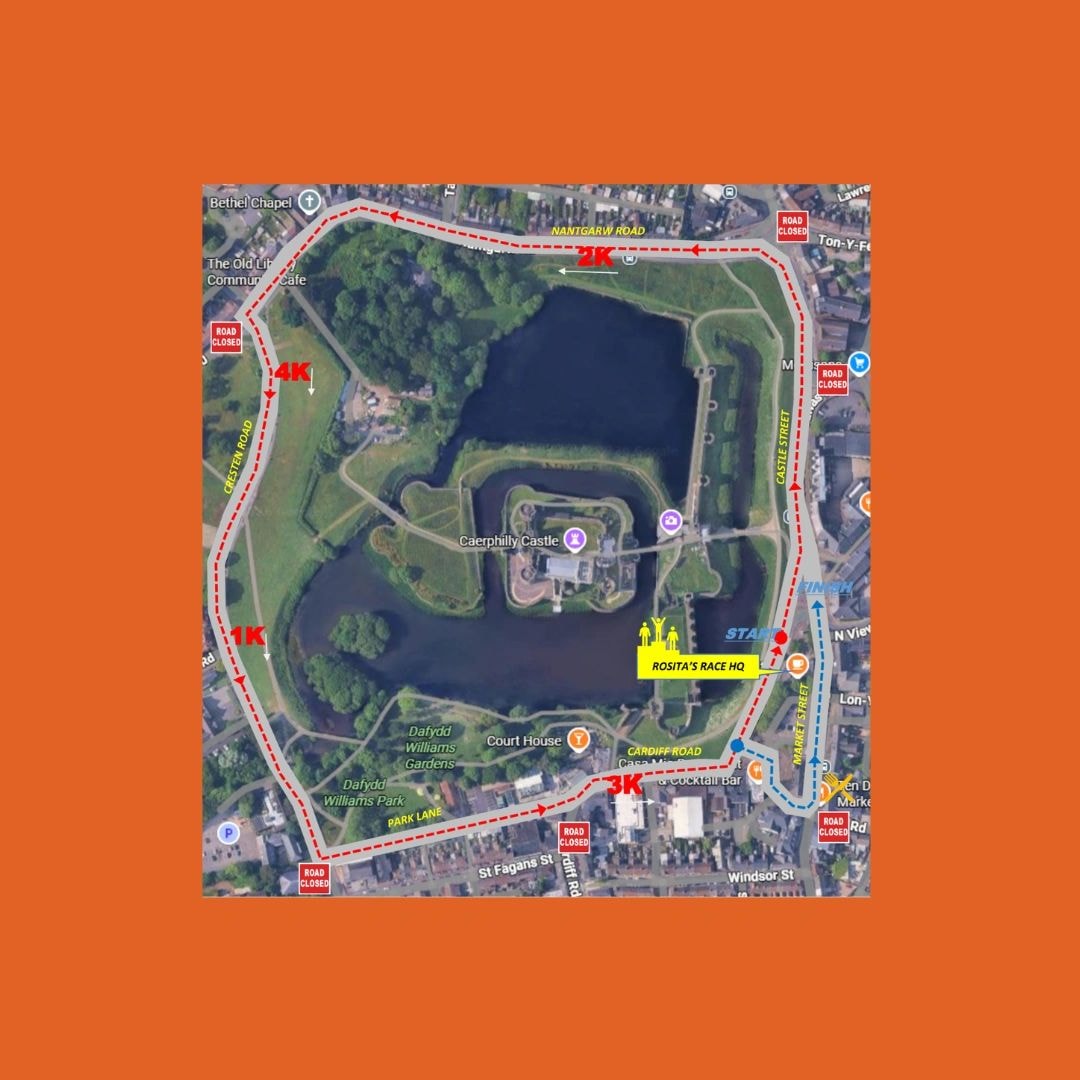 Aerial map of the Caerphilly 5KM Welsh Championships 3-lap race route around Caerphilly Castle